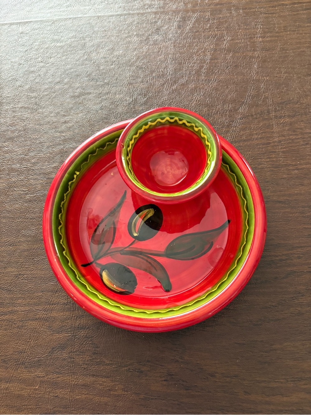 Hand-Painted Red and Green Ceramic Olive Dish Spain